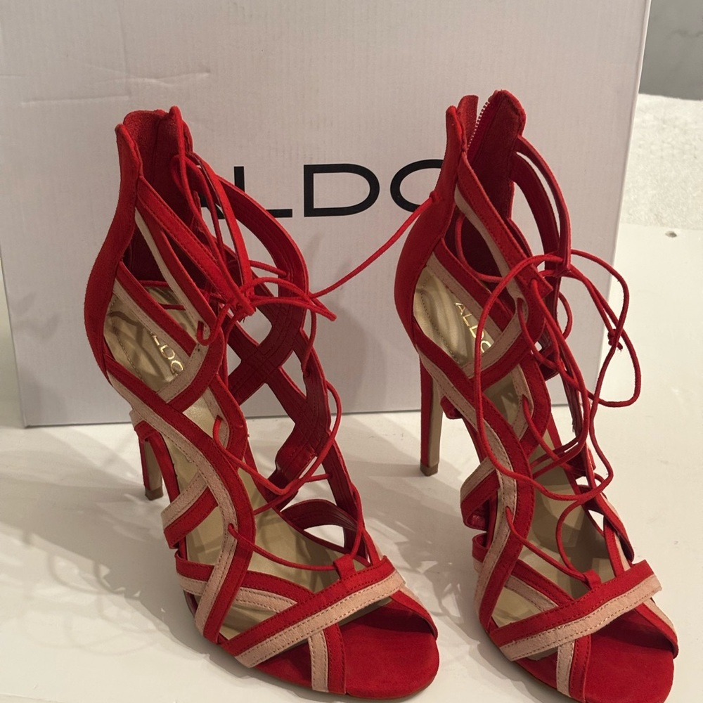 Aldo Red & pastel Pink Strappy Heels with Stiletto Stips and Open-Toe Design